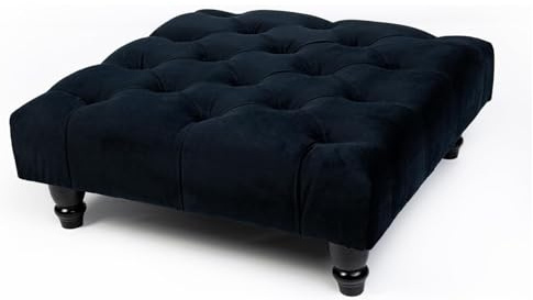 Kiswa collection Chesterfield Footstool - Plush Velvet Upholstered Pouffe with Wood Legs, Elegant Coffee Table Footrest, Matching Buttons, Stylish Home Decor (Black, 25D x 60W x 60H cm)
