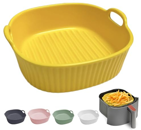 Round Casserole Dish Ceramic Casserole Dish for Hot Air Fryer 17.5 x 16 x 5.5 cm, Lasagne Mould, Casserole Dish, Colourful Glazed Baking Mould Round, for Lasagne, Fries, Soup (Yellow)