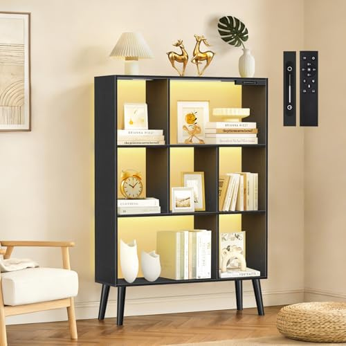 OUTONLIFE 7-Cube Bookshelf with LED Lights, Touch & Remote Control, Freestanding Open Bookcase Storage Shelf, Dimmable Modern Wooden Display Organizer with Legs for Living Room, Bedroom, Office(Black)