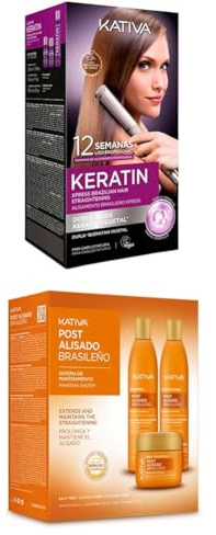 KATIVA – Veganes Xpress Brasilianisches Glättungsset mit Doppel-Keratin und 3er-Set Brasilianische Glättungspflege – Shampoo + Spülung + Maske
