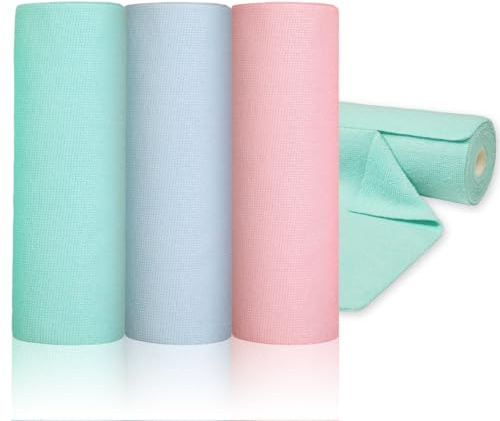Romon Bayetas Microfibra, 60 Piezas Compacto Rollo de Paños Microfibras, 25x25cm Trapos Cocina Desprendible con Una Mano, Reutilizable hasta 50 Veces, para Cristales Hogar y Coche (Rosa, Cian, Azul)