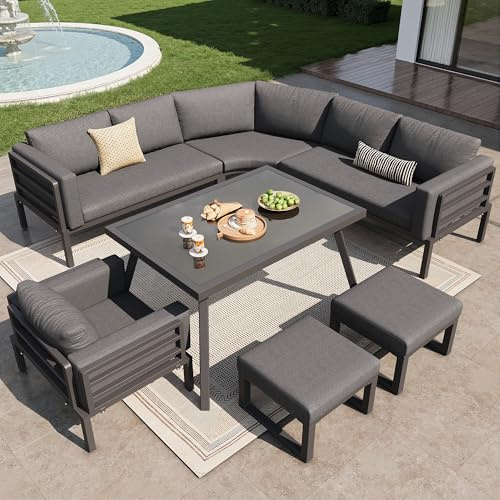 Mrwoo Halbmond Sofaset für 8 Personen mit Glastisch, 1 Sessel & 2 Hocker, Wetterfeste Gartenmöbel aus Eisengestell mit grauen Polstern für Terrasse & Balkon (Grau)
