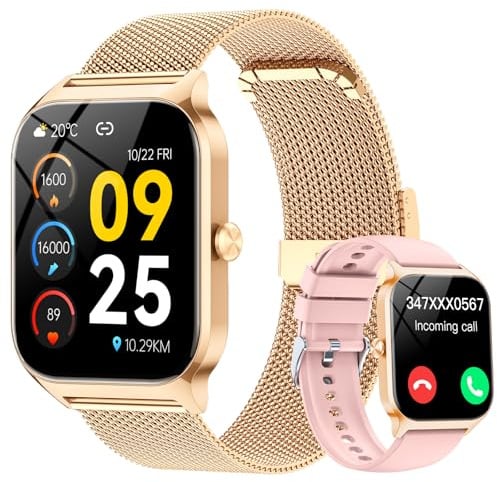 CASCHO Montre Connectée Femme avec Appel Bluetooth,1.85 HD Smartwatch Femme avec Fréquence Cardiaque/Sommeil/SpO2, 120+ Modes Sportifs, IP68 Étanche Fitness Tracker, Montre pour iOS/Android Or Doré