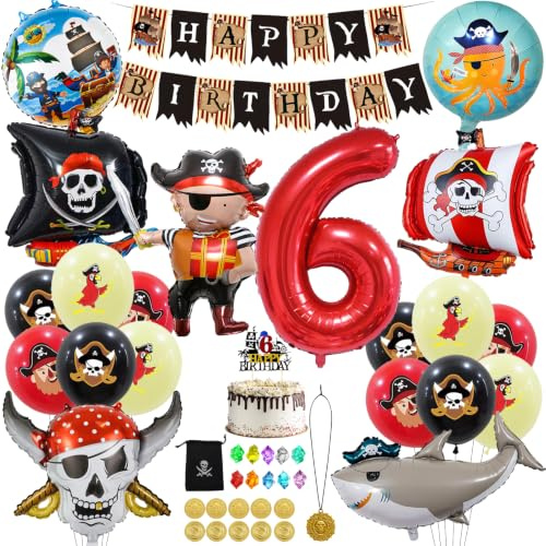 Piraten luftballons Geburtstagsdeko 6 Jahre piratenparty kindergeburtstag | Piratenschatz & Goldmünzen Inklusive, Folienballons, 12 Latexballons, Girlande, Tortendeko, Piraten Deko Set für Junge