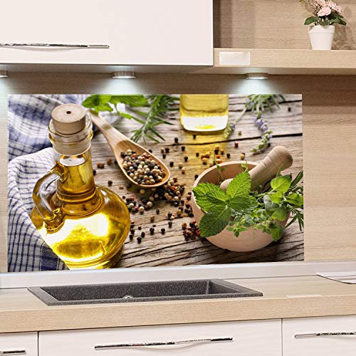 GRAZDesign Spritzschutz Glas für Küche Herd, Bild-Motiv grün Kräuter Gewürze Provinz mediterran, Küchenrückwand Glas Küchenspiegel Glasrückwand / 80x50cm