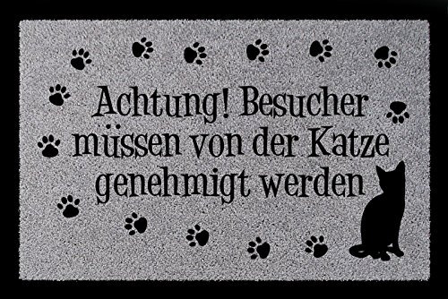 Interluxe FUSSMATTE Türmatte Achtung BESUCHER MÜSSEN VON DER Katze Shabby Haustier Eingang Hellgrau