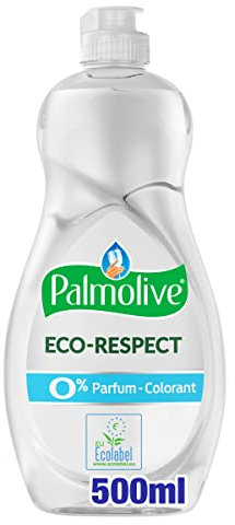 PALMOLIVE - Liquide Vaisselle Palmolive Éco-Respect Hypoallergénique - 0% Parfum, 0% Colorant - Ecolabel - Produit Dégraissant Pour une Vaisselle Étincelante - Flacon 500 ml