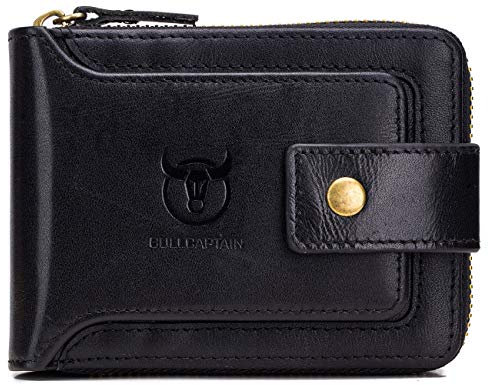 BULLCAPTAIN Lederbörse für Herren, RFID-blockierend, mit Reißverschluss - Schwarz - Small