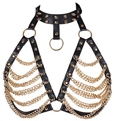Damen Punk Leder Körper Brustgeschirr Hohl Out Gurt Verstellbar Übergröße Festival Rave Kostüm Gr. One size, Schwarz / Gold