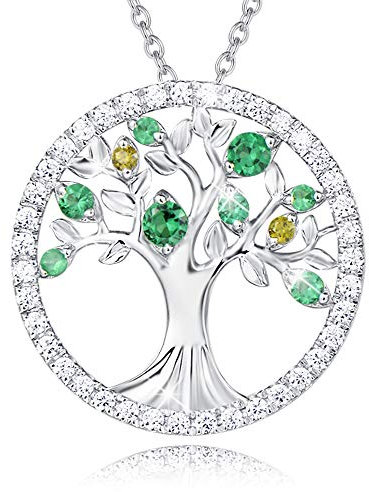 AGVANA Tree of Life Necklace,925 Sterling Silver Necklace with Citrine Amethyst Emerald Peridot Tree Pendant Jewelery for Women Girls, 16+2 Inch