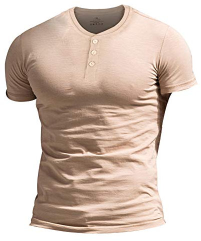 Men's Slub Henleys T-Shirt Short Sleeve Lightweight Relaxed Fit Casual with 3 Buttons Placket Round Neck Shirts Color Apricot Size L
