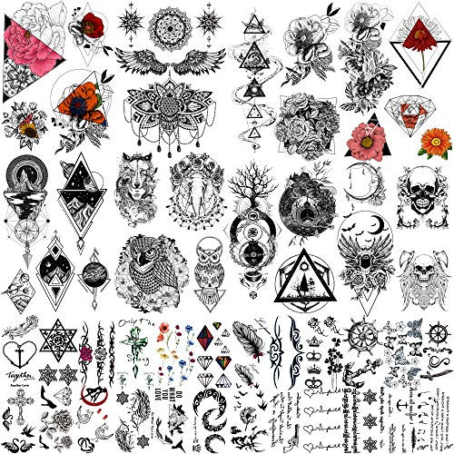 Yazhiji 32 Blätter Temporäre Tattoos Erwachsene, Totem Blume Rose Turm Sonnenblume Gefälschte Tattoos für Frauen Männer, Planet Halbmond Arm Temporäre Tattoos für Mädchen Jungen Kinder