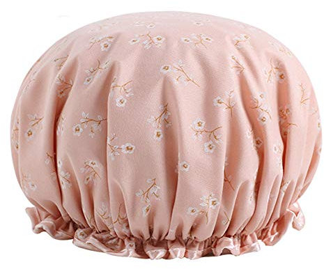 Women Double layer Shower Cap Waterproof Elastic Bath Cap With Flower Pattern for Women Shower Spa Salon (Pink)