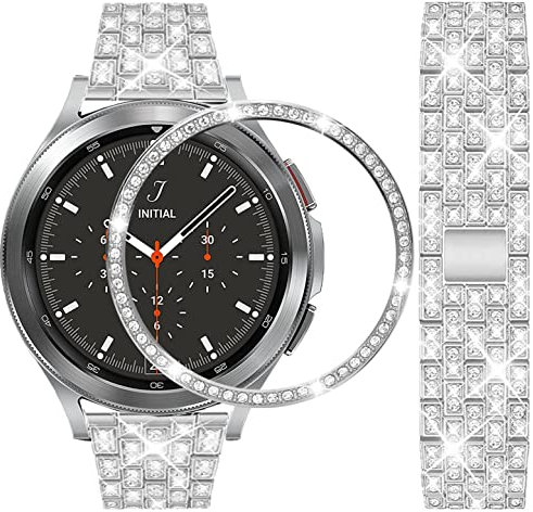 DEALELE Cinturino Compatibile con Samsung Galaxy Watch 4 Classic 42mm / Galaxy Watch 42mm / Gear Sport, Bracciale di Ricambio in Metallo Strass Diamante 20mm con Anello Lunetta Copertura, Argento