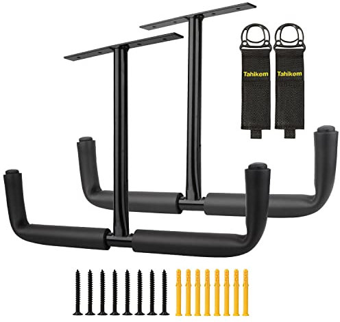Tahikem 2 Set Overhead Garage Storage Rack, Heavy Duty Overhead Storage Double Hook, Ceiling Mount Hanger Safe Utility Hooks, Hanging for Lumber Ladder Brackets & Other Bulky Items (Pack of 2 - Black)