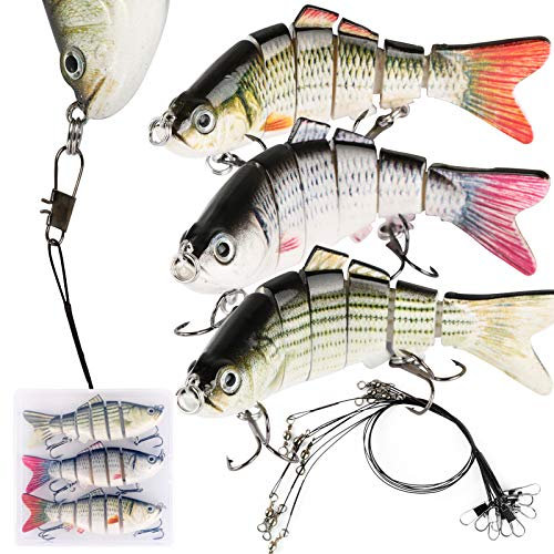 3Pcs Artificial Bass Pike Fishing Baits Multi Jointed 3D Lifelike Fishing Swimbaits Lures with Storage Box with 9Pcs Black Steel Leader Wire Line Sinking Hard Tackle