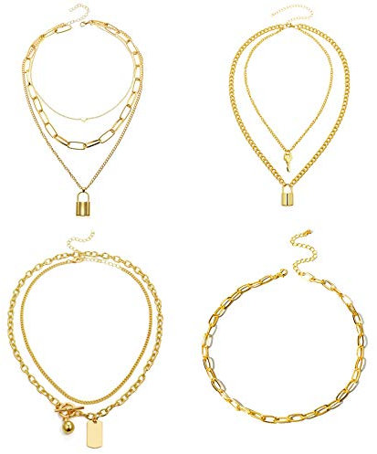 Flongo Frauen Pullover Halskette Mehrschicht Kette Klobige Choker E-Girl Schmuck Emo Gotik Kette mit Schloss Lock Anhänger 4 Stück Set Gold