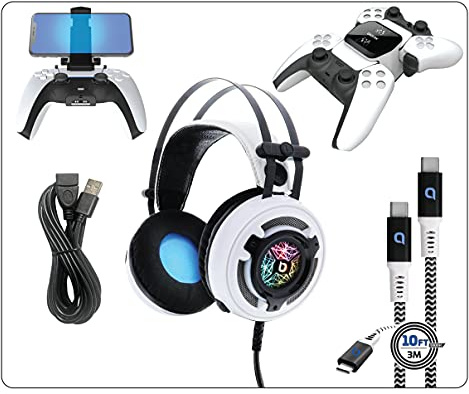 Bionik Pro Kit für Playstation 5: Leistungsstarkes 50-mm-Gaming-Headset mit RGB-Farbe, Controller-Ladebasis, Handyhalterung, Lynx-Kabel und USB-Kabel