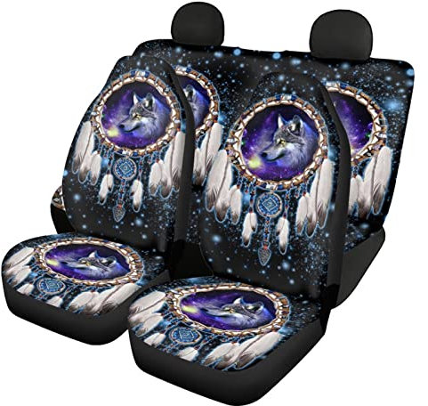 STUOARTE Dream Catcher Galaxy Wolf bedruckte Autositzbezüge, komplettes Set, universelle Autositzschoner für Vorder- und Rücksitz, Auto-Innenausstattung für die meisten Autos, SUVs, LKWs, Limousinen