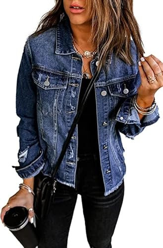 Necooer Denim Denim Jacket With Fringes In A Distressed Look Authentics Denim Jacket For Women