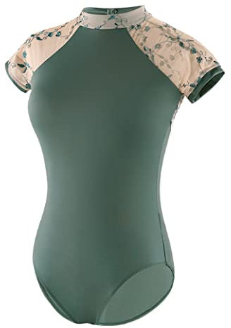 Daydance Schwarz Frauen Turnanzug für Ballett, Blumendruck Open Back Dance Wear, Grüner Rollkragen, X-Large