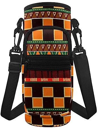 KUIFORTI Aztec Tribal Water Bottle Carrier Bag Bottle Pouch Holder,Art Geometry Crossbody Bottle Cover Sleeve Women Men Portable Sports Water Bottle Bag Holder with Strap and Pocket
