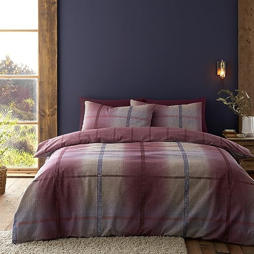 Catherine Lansfield Gebürstete Baumwolle Melrose Tweed Karo Wende-Bettbezug Set mit Kissenbezügen Pflaume