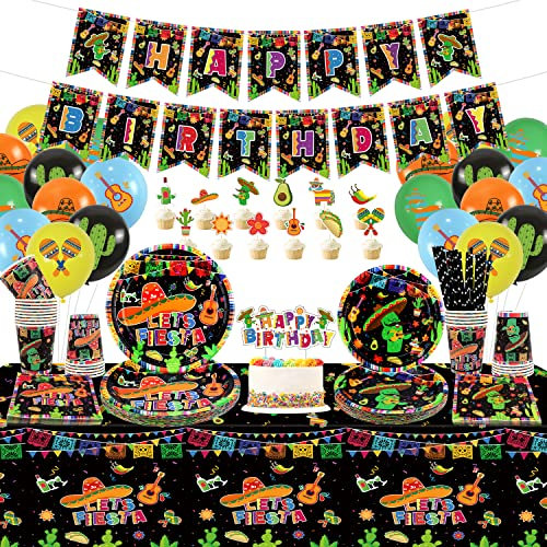 Mexican Party Decorations - Fiesta Party Supplies Including Plates, Cups, Napkins, Tablecloth HAPPY BIRTHDAY Banner Cake Topper Balloon for Baby Shower Decorations Favors, Cinco de Mayo