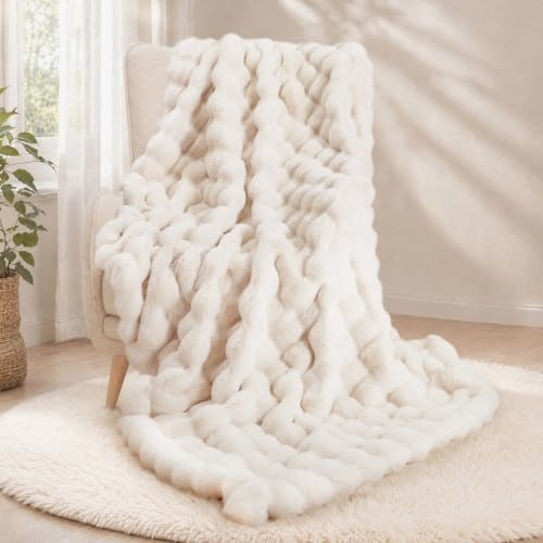 Superbequeme, übergroße, warme, Dicke, doppelseitige Plüsch-Hasen-Kunstfell-Überwurfdecke, Flauschige Decke, weiche, gemütliche Decke für Couch, Stuhl, Bett, Sofa, Wohnzimmer, Weiß, 152,4 x 203,2 cm