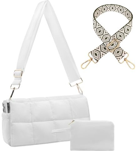 NAARIIAN Puffer-Umhängetasche, Baumwolle, gepolstert, Handtasche, Designer-gesteppt, Umhängetasche, leichte Geldbörse für Damen, Weiß S, Large