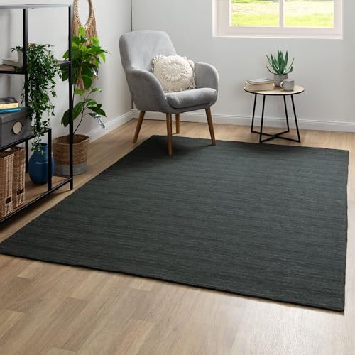 Steffensmeier Handweb Teppich Kelim Delhi | 100% Schurwolle in der Nutzschicht, Anthrazit, handgewebt, Größe: 160x230 cm Wohnzimmer und Schlafzimmer