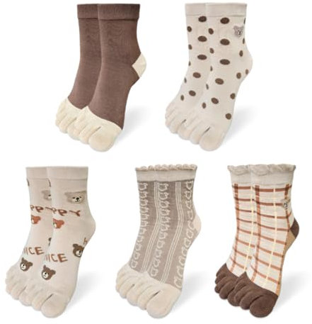 HOMSSEM Zehensocken für Damen und Mädchen, 5 Finger, Baumwolle, bunte Knöchelsocken, athletische Laufsocken, Zehentrennung, Teddybär, 5 Paar, Medium
