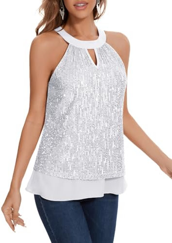 DRESSTELLS Glitzer Oberteile Damen Neckholder Top Pailletten Oberteil Silber Ärmellose Bluse Elegant Glitzertop Frauen Sommer Party Outfit Sexy Disco Tshirt Silver XL
