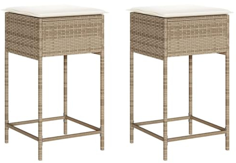 vidaXL Garten Barhocker mit Kissen 2 STK., Barstuhl mit Stahlrahmen, Tresenhocker für Garten Terrasse, Gartenmöbel, Beige Poly Rattan