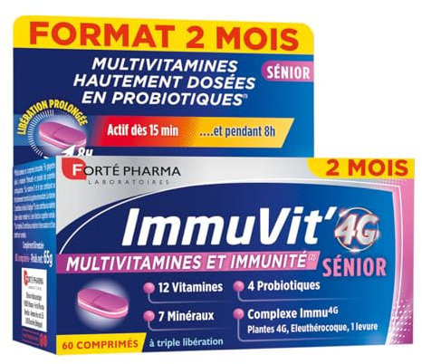 Forté Pharma - Immuvit'4G Sénior - Complément alimentaire Vitalité, Immunité, Fatigue oculaire - 12 vitamines, 7 minéraux, 4 Ferments - Magnésium, Myrtille, Luthéine - 60 comprimés Tri-couches, 1/jour