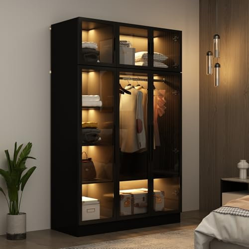 DEZAGCE Armario Ropero con 6 Puertas y Cristal Templado, Armario Dormitorio con Regleta de Luz Integrada de 5 Secciones, Armario Auxiliar de Dormitorio, MDF, 120 x 48 x 190 CM, Negro
