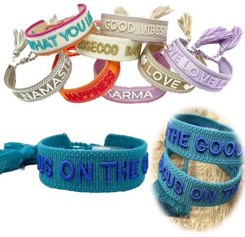 LS-LebenStil Exklusives Statement Armband Quasten besticktes Boho Canvas Webarmband (Focus on the Good Türkis Blau)