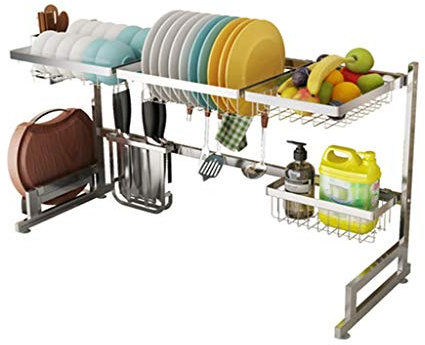 PPSMFAMZ Estante flotante sobre el fregadero, escurridor de platos para doble organizador de almacenamiento con soporte para utensilios, estante para tabla de cortar, estante para ahorrar espacio,