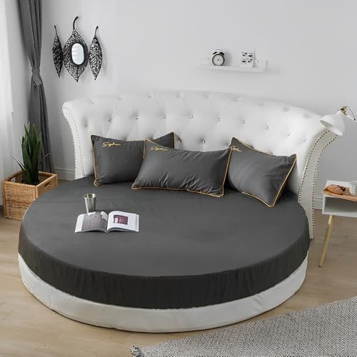 Highdi Rund Spannbettlaken Baumwolle Weiches Atmungsaktiver Mikrofaser Bettlaken, Matratzenschoner Tiefe Tasche für bis 25cm Matraze (250cm,Dunkelgrau)