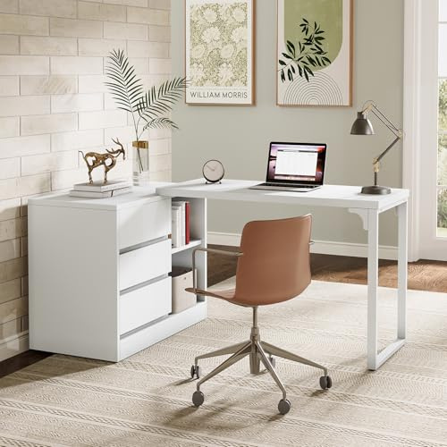 Tribesigns Bureau d'ordinateur en Forme de L avec tiroirs et étagères, Bureau d'angle réversible Blanc avec Armoire de Rangement, Table de Travail Moderne pour Bureau à Domicile, Chambre à Coucher