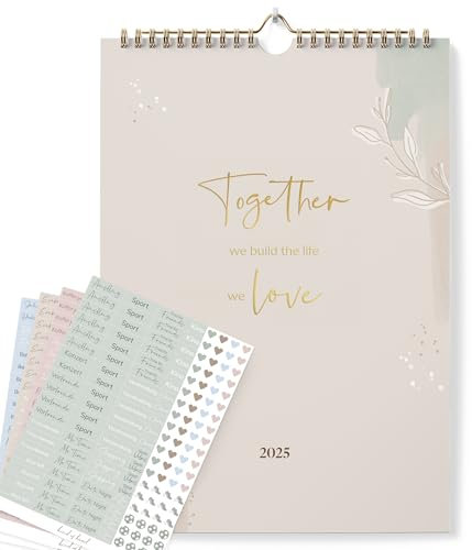 KIND OF HAZEL® A3 Familienkalender 2025 - Beige/Rose + Sticker Set I Wandkalender 2025 5 Spalten mit Goldfolienprägung I Kalender Familienplaner 2025 | Kalender 2025