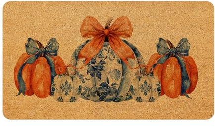 TopXmai Chinoiserie Fall Pumpkin Door Mat 17 x 30,Chinoiserie Decor,Blue and White Orange Chinoiserie Pumpkin Door Mat,Fall Chinoiserie Coir Door Mat Indoor Outdoor,Fall Mats for Front Door(007)