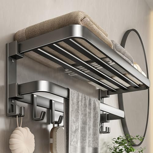Porte-serviettes pliable pour salle de bain, étagère murale avec barre porte-serviettes, 9 crochets pour salle de bain, toilettes, hôtel, 59,4 x 21,1 x 17,3 cm