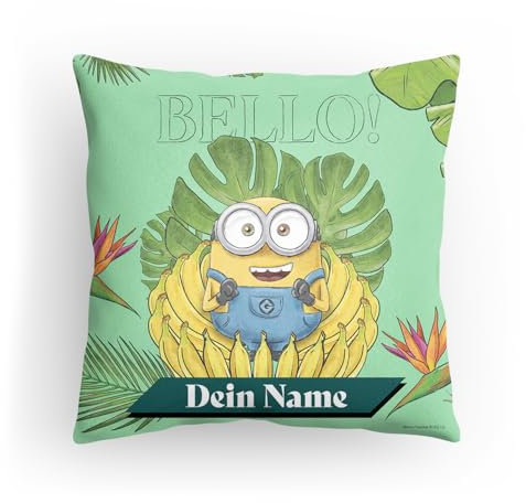 PICANOVA Minions Kissen mit Name - Personalisiertes Premium Kopfkissen mit Füllung - Kuschelkissen Zierkissen 40x40cm - Text individuell Bedruckt - Schlaf- und Wohnzimmertauglich - Green Bello