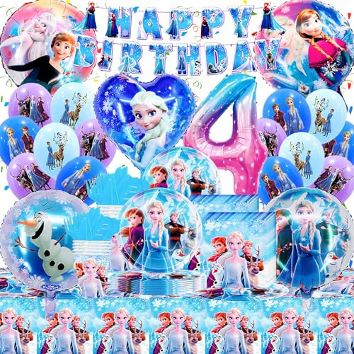 93 Stück Els Deko Geburtstag 4 Jahre, Ann und Els Geburtstagsdeko, Gozuein Eiskönigi Geburtstagsdeko für Mädchen, Froze Gebutstag Partygeschirr Set mit Teller Papierhandtücher Tischdecken Pappbecher