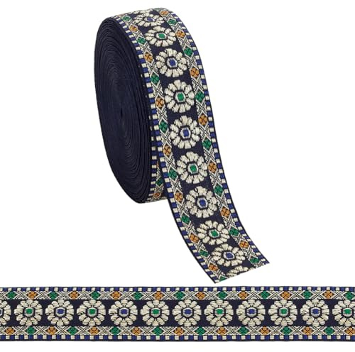 PH PandaHall 10 Yards Flower Jacquard Ribbon, 3.2cm Width Ethnic Style Floral Ribbon Blue Embroidered Flower Ribbons Fabric Trim Fringe for Sewing Handmade Bag Strap Making DIY Clothing Decoration