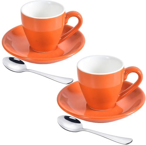 ionEgg Porcelain Espresso Cup with Saucer And Stainless Steel mini Spoons, Espresso shot Cup, 80ml/2.7Oz, Pack of 2, Orange