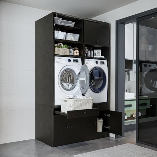 ROOMART • Waschmaschinenschrank mit Ausziehplatte • Platzsparend • Praktisch • Ideal für Hauswirtschaftsraum (Schwarz-Eiche, 2 x Schränke + 2 x Aufsätze (230 cm hoch))