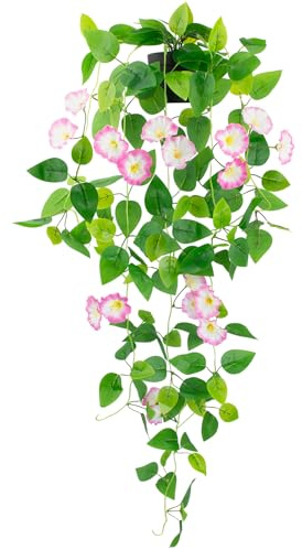 LOYWREE Artificial Pothos Potted Black Pot Silk Petunia Flowers Faux Ivy Vine Plant Hanging for Shelf Home Office Indoor Outdoor Garden Greenery Decor(Pink)