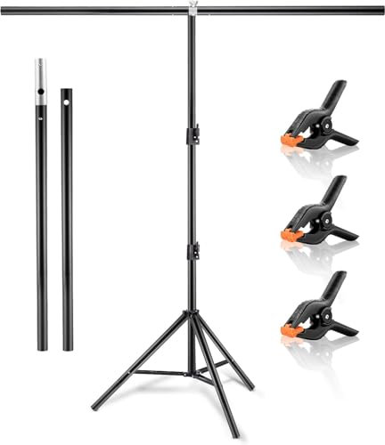 CROWNSHOP T-Shape Backdrop Stand Kit 2x1.5m/6.5 X 5ft Portable Background Stand Height Adjustable Photography Backdrop Stand with 3 Clip Clamps for Photo Video Studio